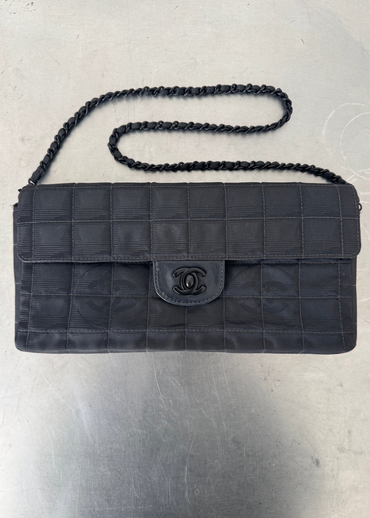 Chanel Jacquard Nylon Travel Line East West Shoulder Bag in Black